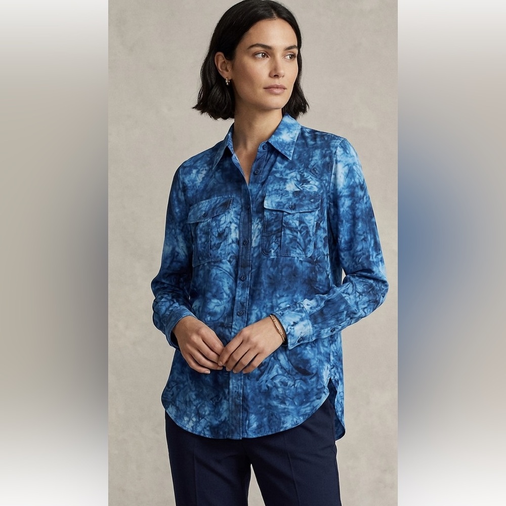 Lauren Ralph Lauren Blue Tie Dye Cotton‎ Silk Blend Button Down Shirt Top Small